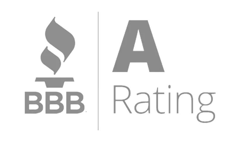 BBB logo with a flame symbol beside "A Rating" text, signifying high trustworthiness and business standards. Gray, minimalistic design on a white background.